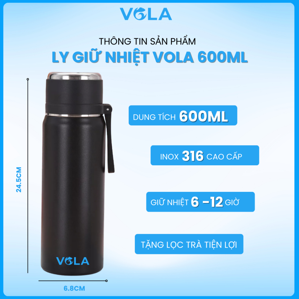 Ly giữ nhiệt inox 316 VOLA 600ml cao cấp, Bình giữ nhiệt khắc tên miễn phí có lọc trà