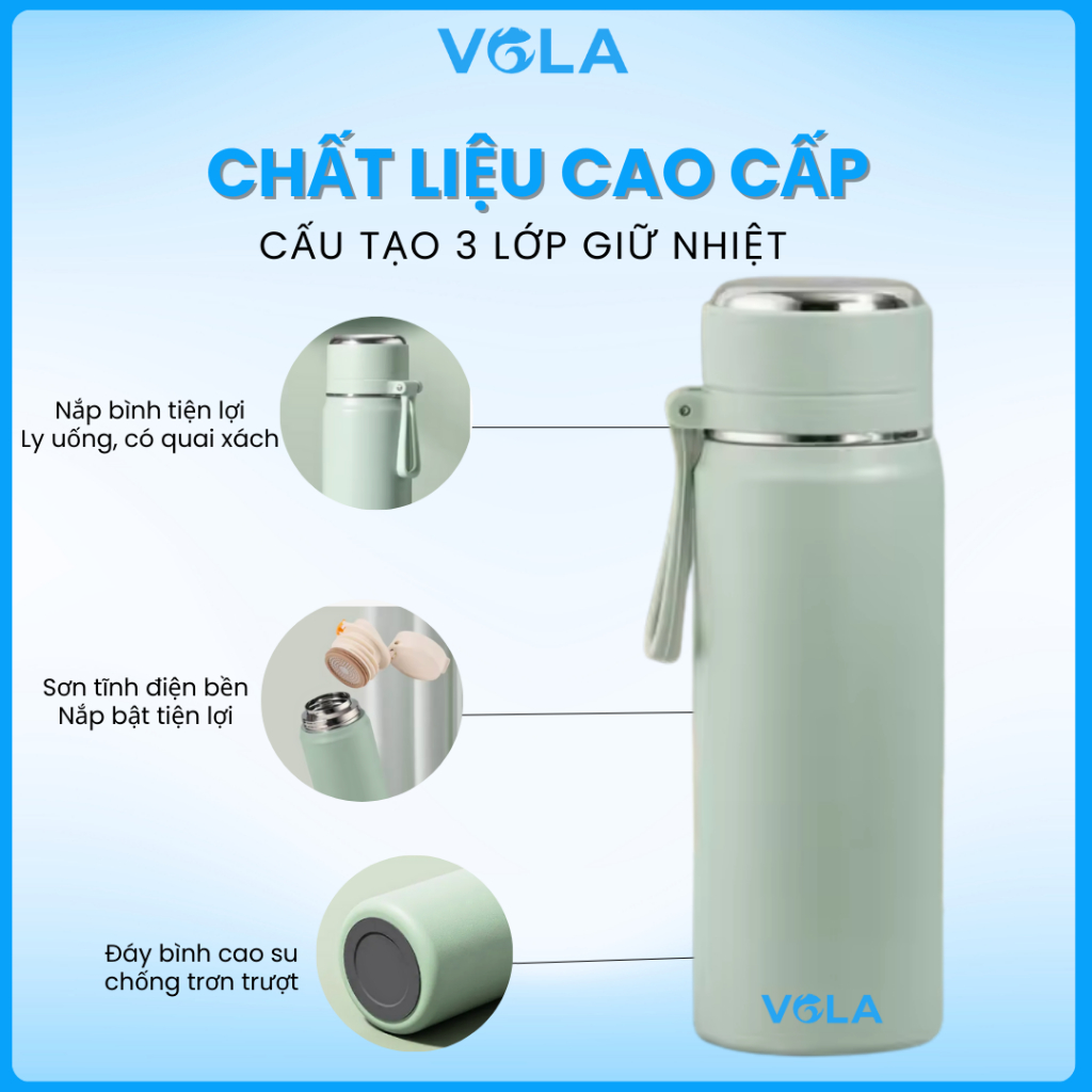 Ly giữ nhiệt inox 316 VOLA 600ml cao cấp, Bình giữ nhiệt khắc tên miễn phí có lọc trà