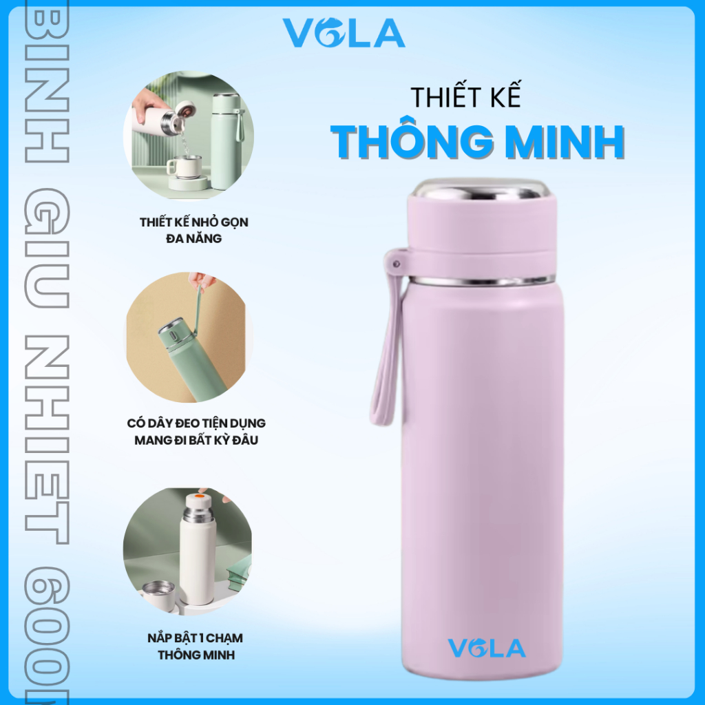 Ly giữ nhiệt inox 316 VOLA 600ml cao cấp, Bình giữ nhiệt khắc tên miễn phí có lọc trà