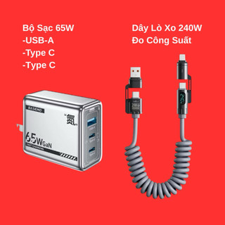 Bộ Sạc kèm Dây 65W Dây Lò Xo 4IN1 240W Đo Công Suất Sạc mọi Dòng Máy Bảo Hành 12 Tháng