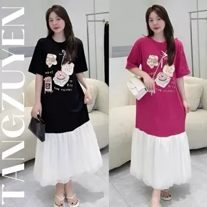Đầm nữ thun cottonVáy suông đuôi cá dáng dài form rộng cộc tay không cổ phối voan bigsize họa tiết bánh kem cute T1352G