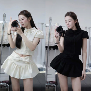 Set Áo Cộc Tay Cổ Sen Dáng Croptop Mix Chân Váy Xoè Nơ Điệu Đà 2 Màu (cvay có lót)