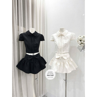 [S2.4146] Set Áo Cộc Tay Cổ Sen Dáng Croptop Mix Chân Váy Xoè Nơ Điệu Đà 2 Màu (cvay có lót)