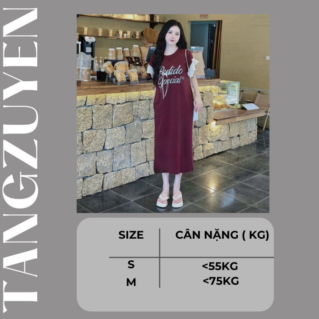 Váy suông thun cotton dáng dài maxi Đầm nữ bigsize bầu chubby xinh form rộng tay phối bèo ren đính nơ không cổ T1351G