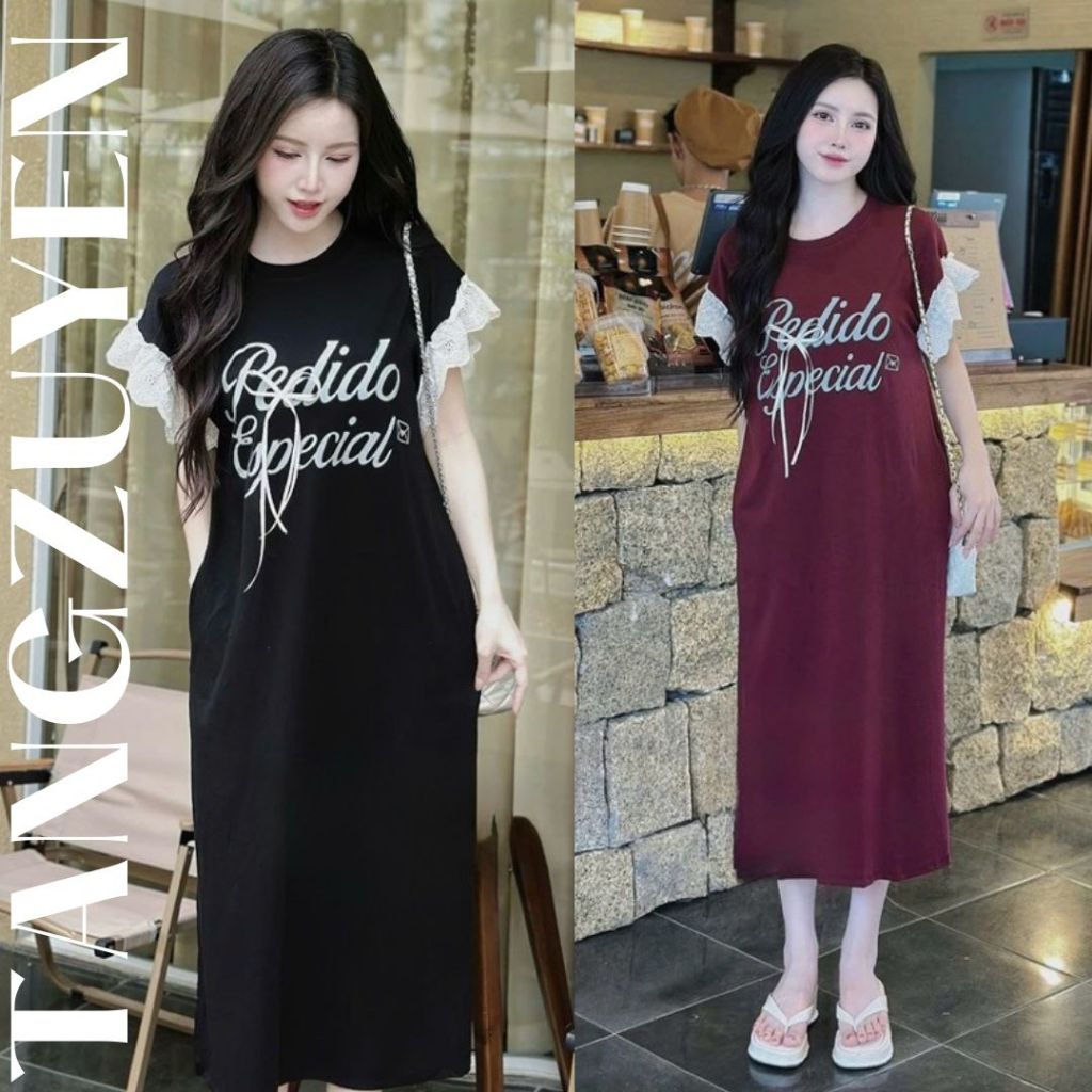 Váy suông thun cotton dáng dài maxi Đầm nữ bigsize bầu chubby xinh form rộng tay phối bèo ren đính nơ không cổ T1351G