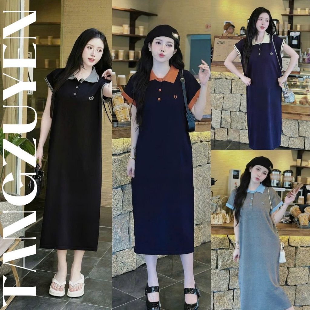 Đầm thun có cổ cộc tay bigsize bầu chubby basic đơn giản mặc nhà chơi Váy polo dáng dài suông form rộng phối viền T1348G