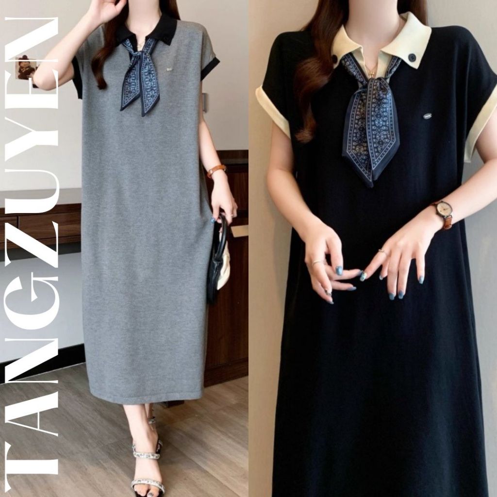 Đầm nữ Váy polo dáng dài phối khăn suông form rộng cộc tay đen xám cổ bẻ bigsize bầu thắt nơ cổ basic cách điệu T1343G