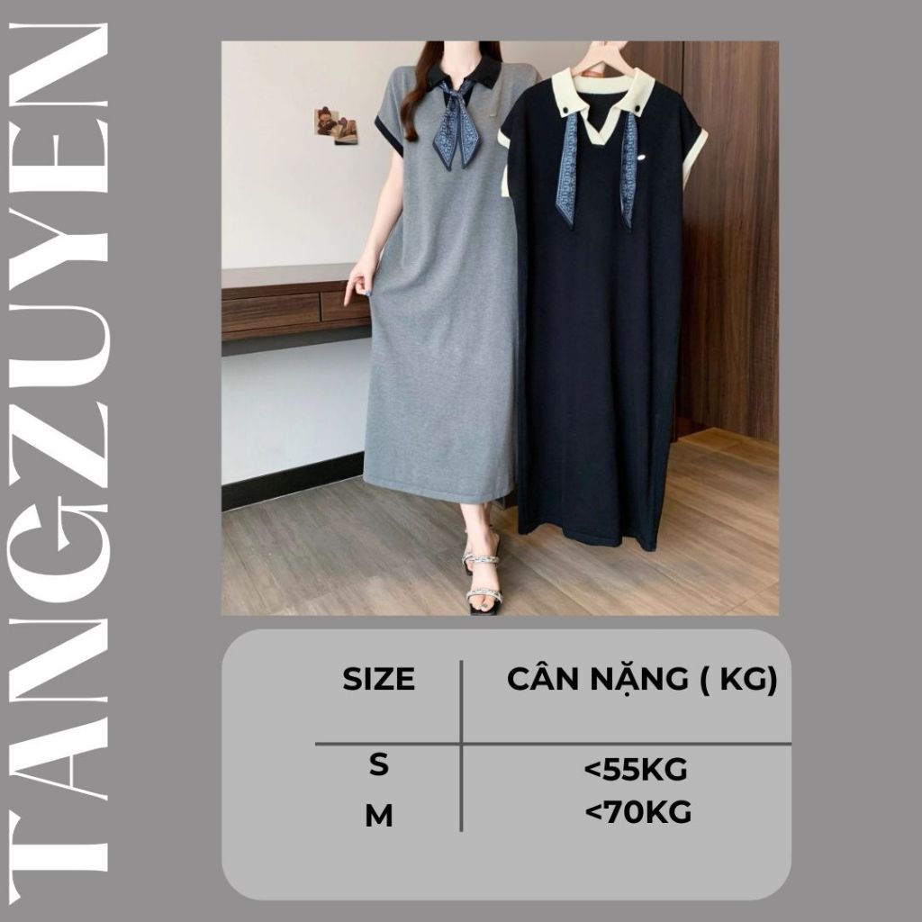 Đầm nữ Váy polo dáng dài phối khăn suông form rộng cộc tay đen xám cổ bẻ bigsize bầu thắt nơ cổ basic cách điệu T1343G