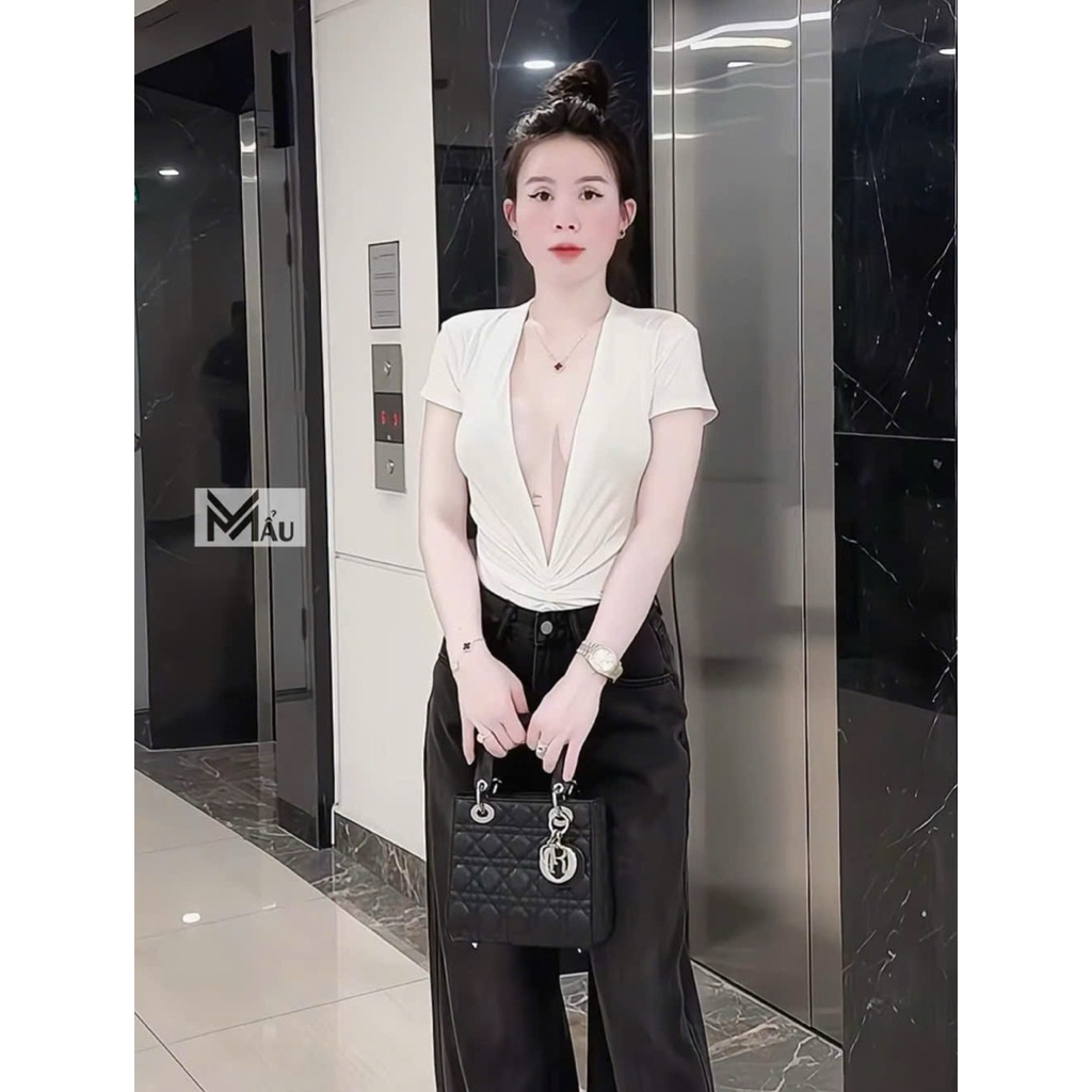 Áo body suits rúm ngực cổ v mix đồ siu hách dáng