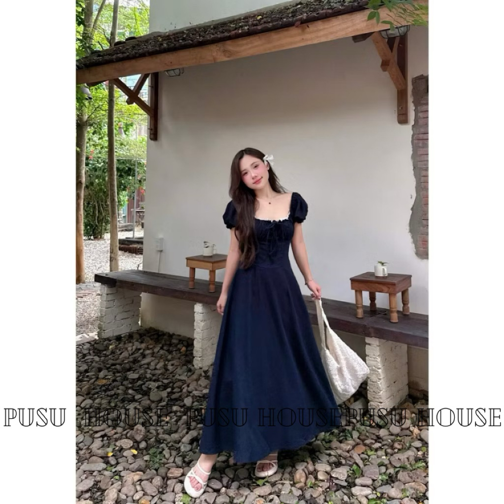 Đầm dự tiệc cổ vuông phối ren tay ngắn nhún ngực xinh xắn -Pusu house