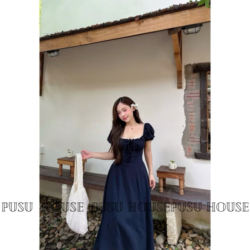 Đầm dự tiệc cổ vuông phối ren tay ngắn nhún ngực xinh xắn -Pusu house