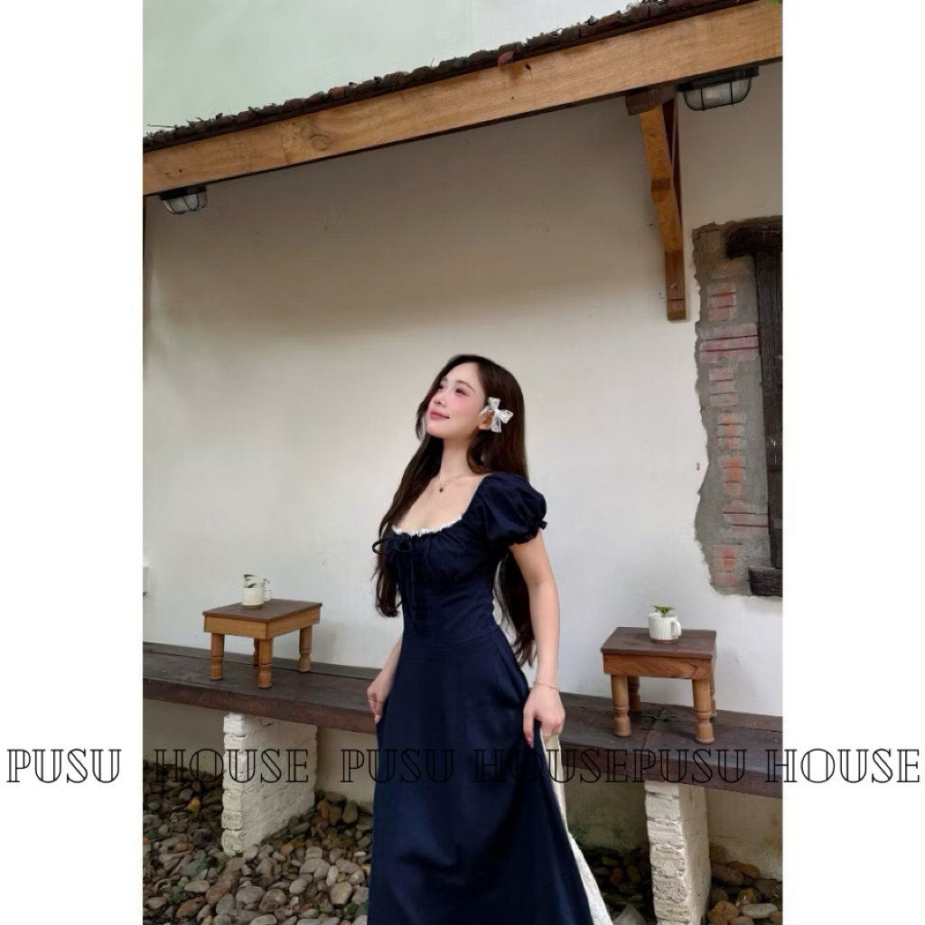 Đầm dự tiệc cổ vuông phối ren tay ngắn nhún ngực xinh xắn -Pusu house