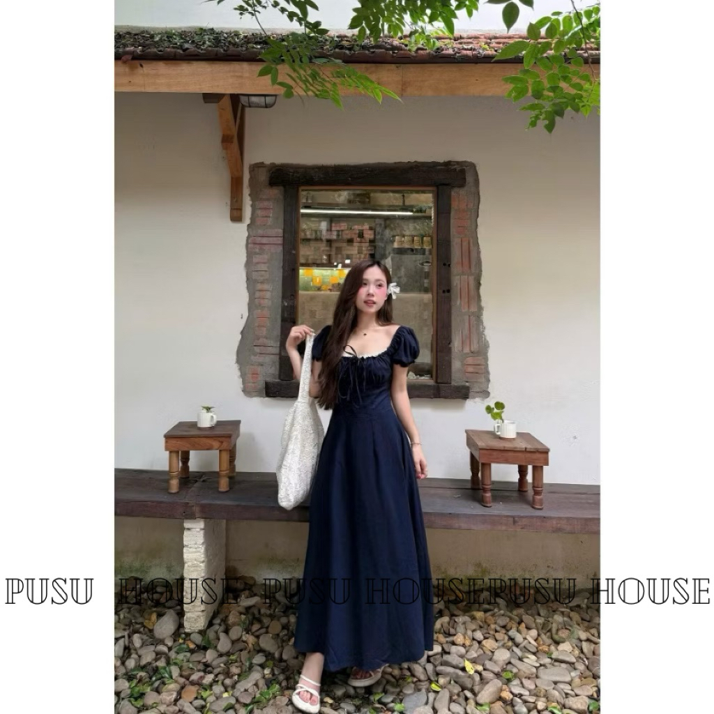 Đầm dự tiệc cổ vuông phối ren tay ngắn nhún ngực xinh xắn -Pusu house