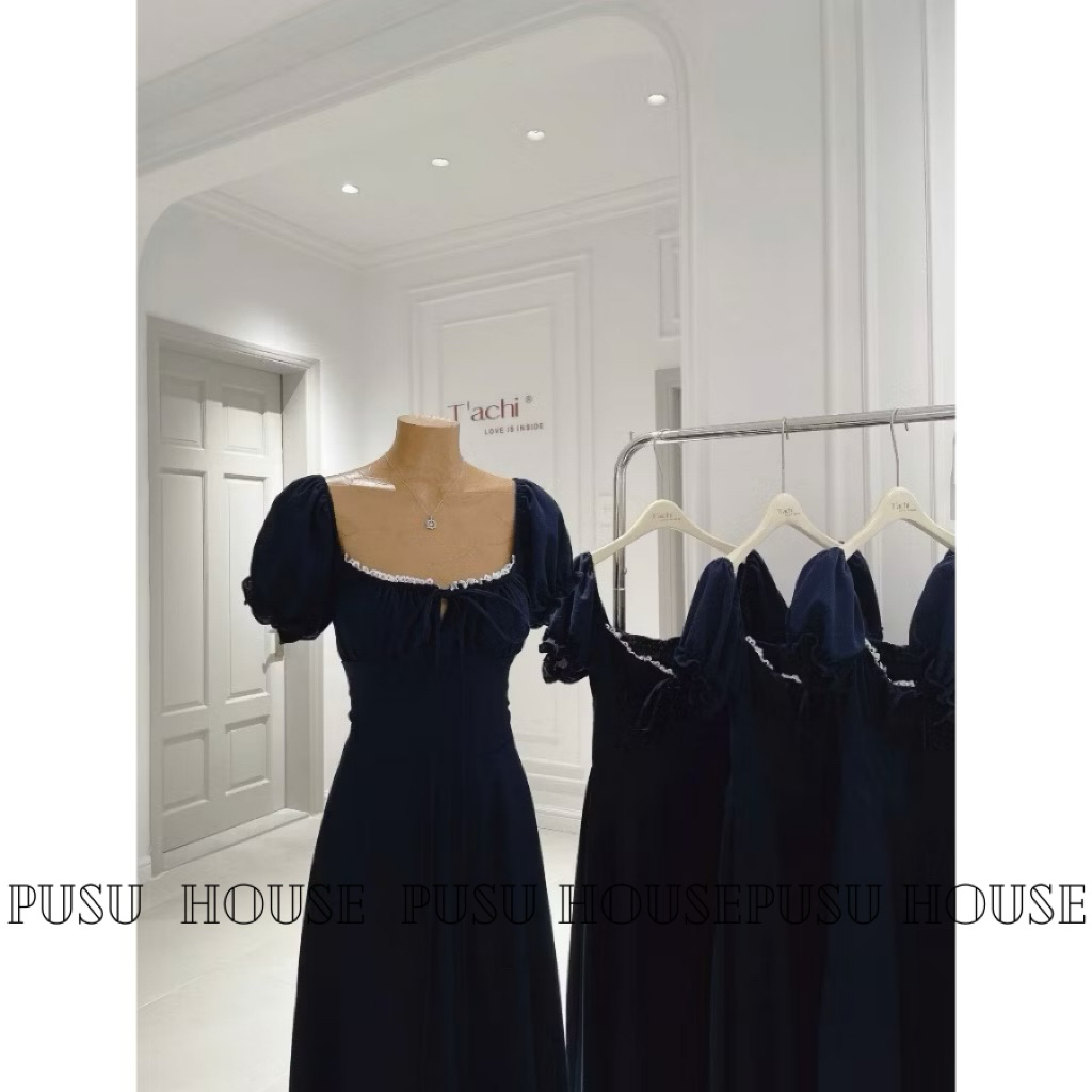 Đầm dự tiệc cổ vuông phối ren tay ngắn nhún ngực xinh xắn -Pusu house