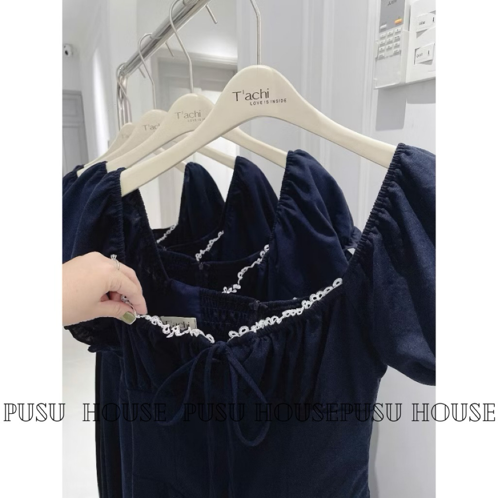 Đầm dự tiệc cổ vuông phối ren tay ngắn nhún ngực xinh xắn -Pusu house