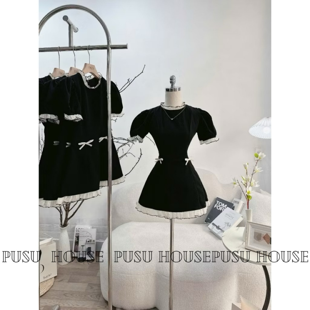 Đầm váy đen tay bồng phối viền bèo xinh, hoạ tiết nơ dáng ngắn - Pusu house