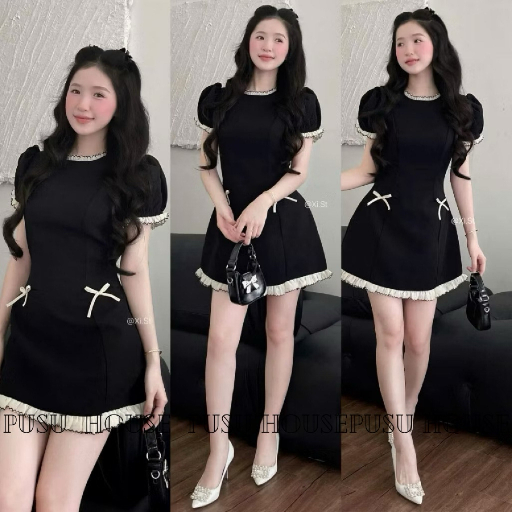 Đầm váy đen tay bồng phối viền bèo xinh, hoạ tiết nơ dáng ngắn - Pusu house