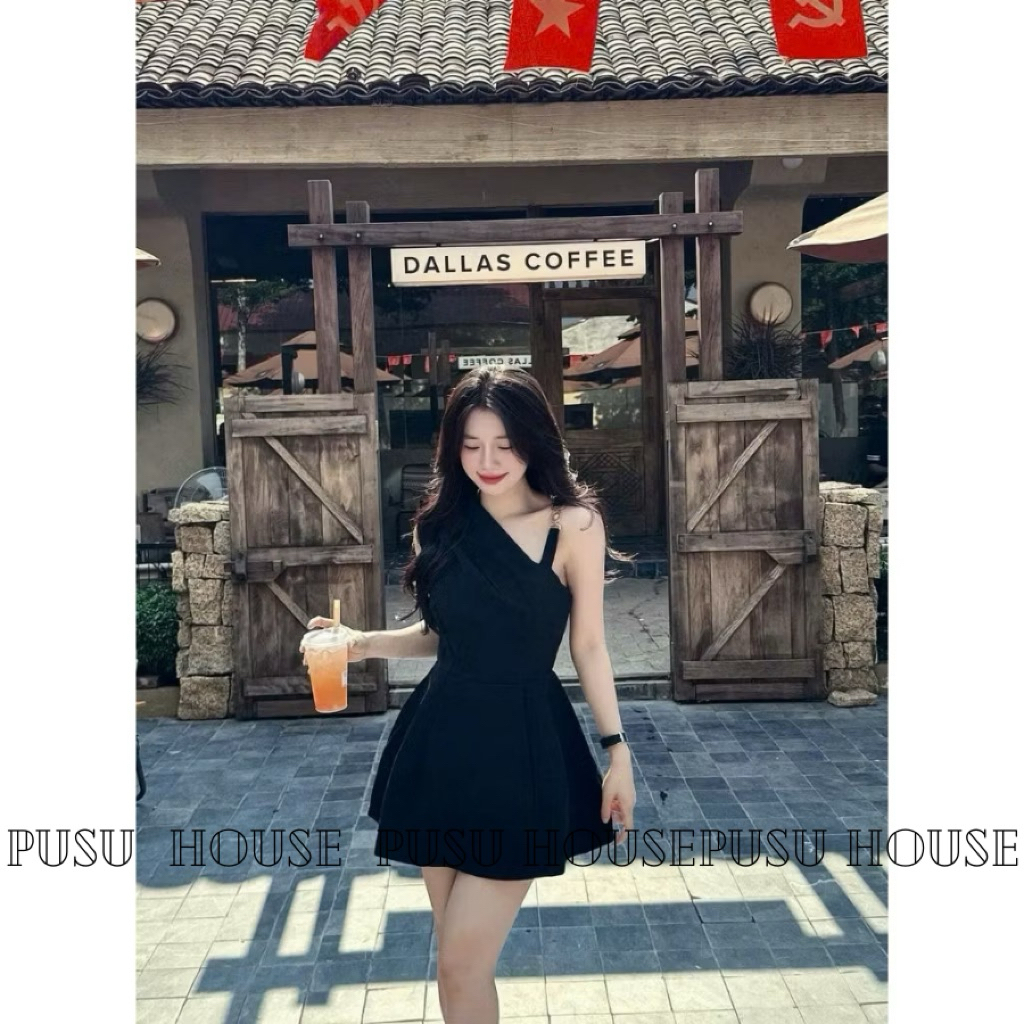 Đầm nữ dự tiệc thiết kế xoè lệch vai màu đen nữ sang trọng - Pusu house