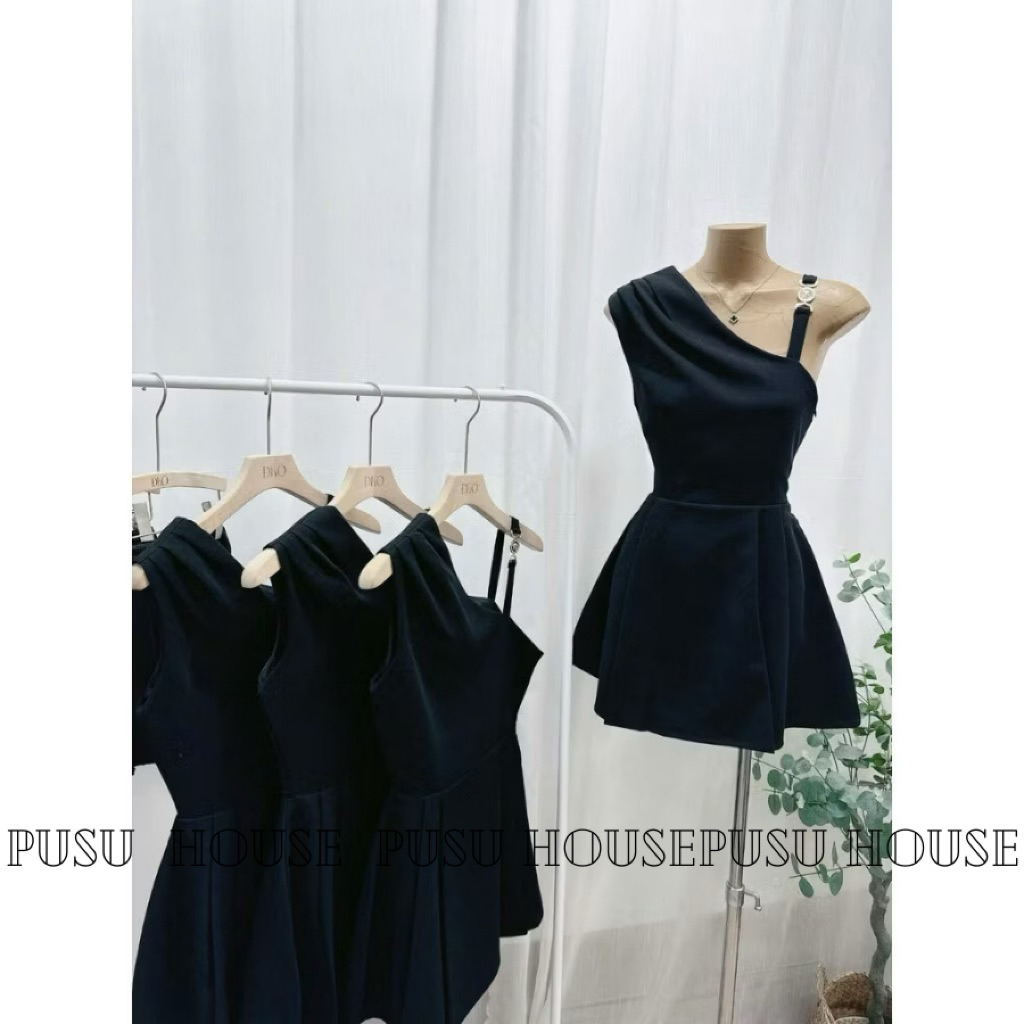 Đầm nữ dự tiệc thiết kế xoè lệch vai màu đen nữ sang trọng - Pusu house