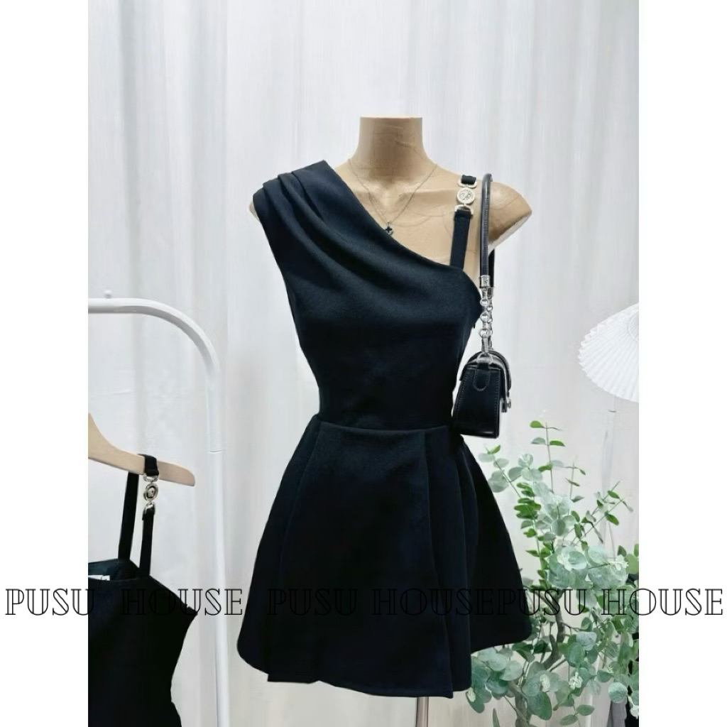 Đầm nữ dự tiệc thiết kế xoè lệch vai màu đen nữ sang trọng - Pusu house