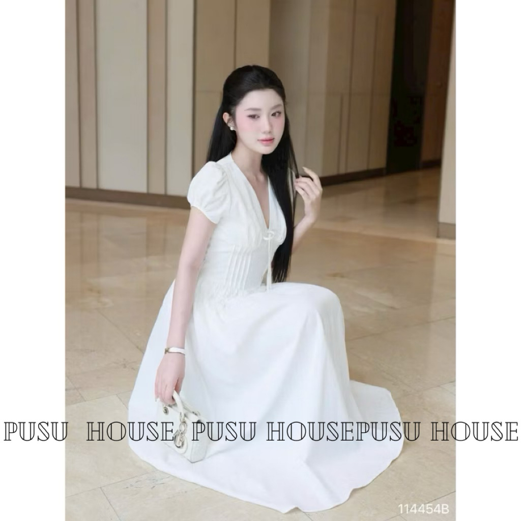 Đầm nữ xinh dễ thương maxi tay bồng cổ V phong cách thanh lịch phù hợp đi tiệc đi làm dạo phố - Pusu house