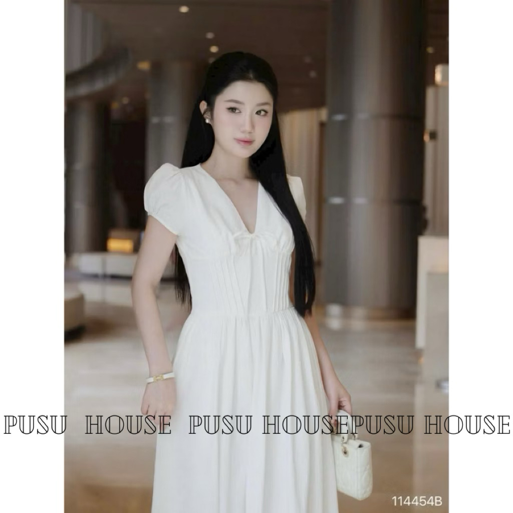 Đầm nữ xinh dễ thương maxi tay bồng cổ V phong cách thanh lịch phù hợp đi tiệc đi làm dạo phố - Pusu house