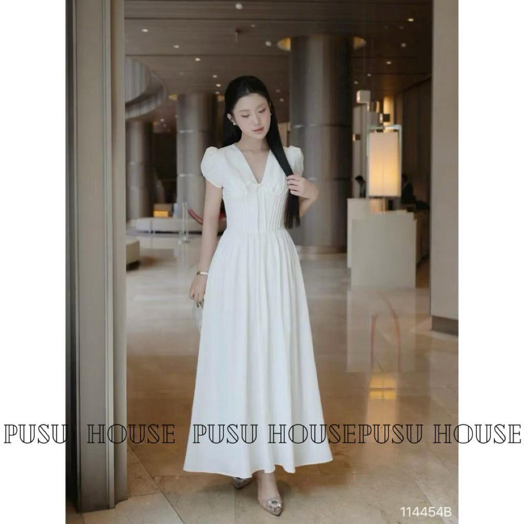 Đầm nữ xinh dễ thương maxi tay bồng cổ V phong cách thanh lịch phù hợp đi tiệc đi làm dạo phố - Pusu house