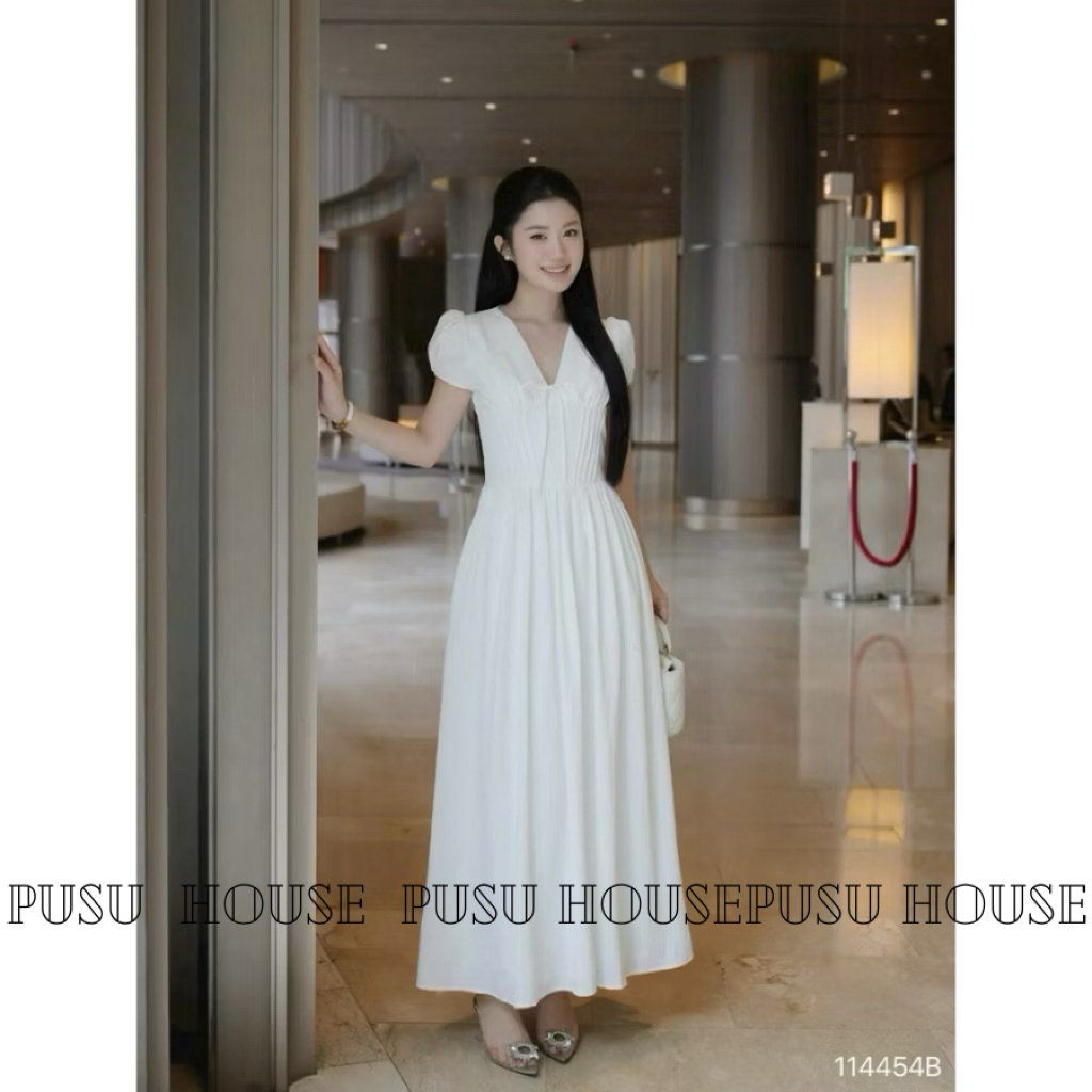 Đầm nữ xinh dễ thương maxi tay bồng cổ V phong cách thanh lịch phù hợp đi tiệc đi làm dạo phố - Pusu house