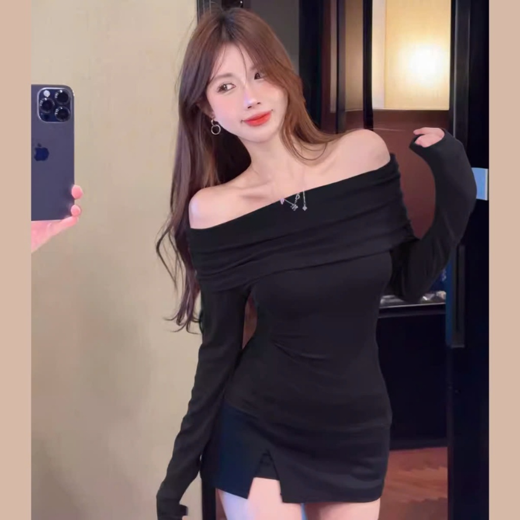 [ Video sp thực tế ] Áo body trễ vai gân tăm dài tay tôn dáng slay, quyến rũ A.5951