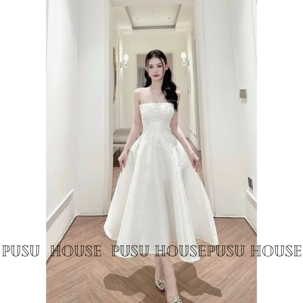 Đầm dự tiệc tiểu thư cúp xoè bồng dài đính hoa  sang trọng nữ tính - Pusu house