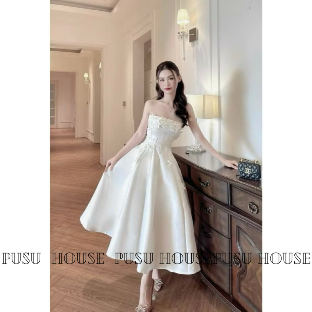 Đầm dự tiệc tiểu thư cúp xoè bồng dài đính hoa  sang trọng nữ tính - Pusu house