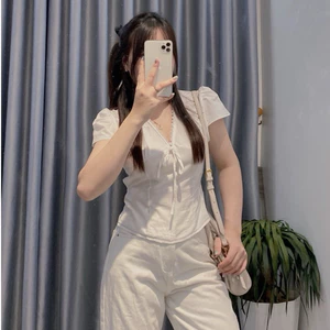 áo sơ mi nữ cổ vuông Thanhhuyen clothings2 chất liệu mềm thắt nơ