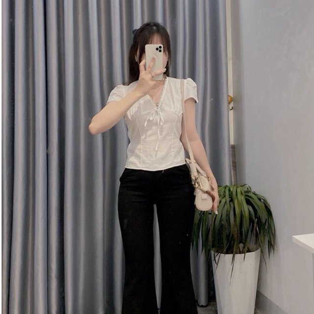 áo sơ mi nữ cổ vuông Thanhhuyen clothings2 chất liệu mềm thắt nơ