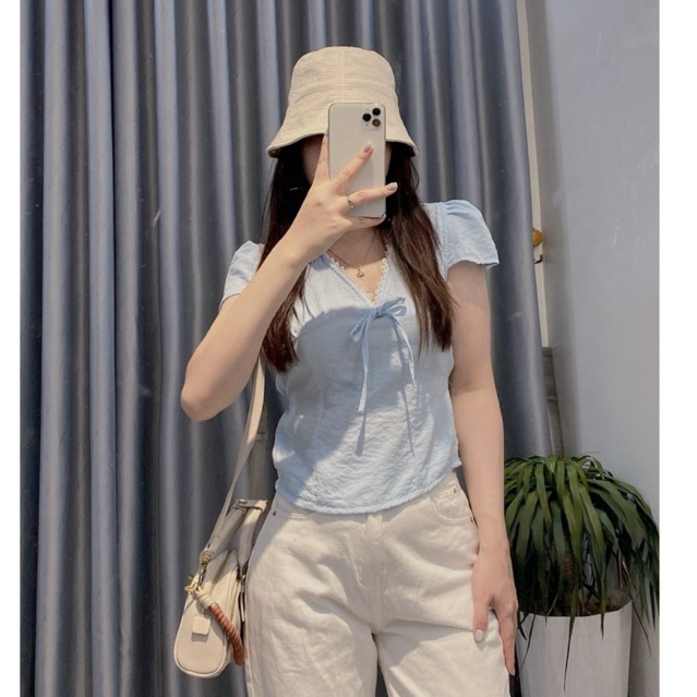 áo sơ mi nữ cổ vuông Thanhhuyen clothings2 chất liệu mềm thắt nơ