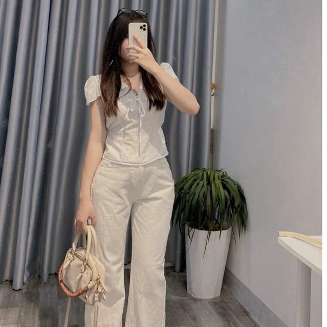 áo sơ mi nữ cổ vuông Thanhhuyen clothings2 chất liệu mềm thắt nơ