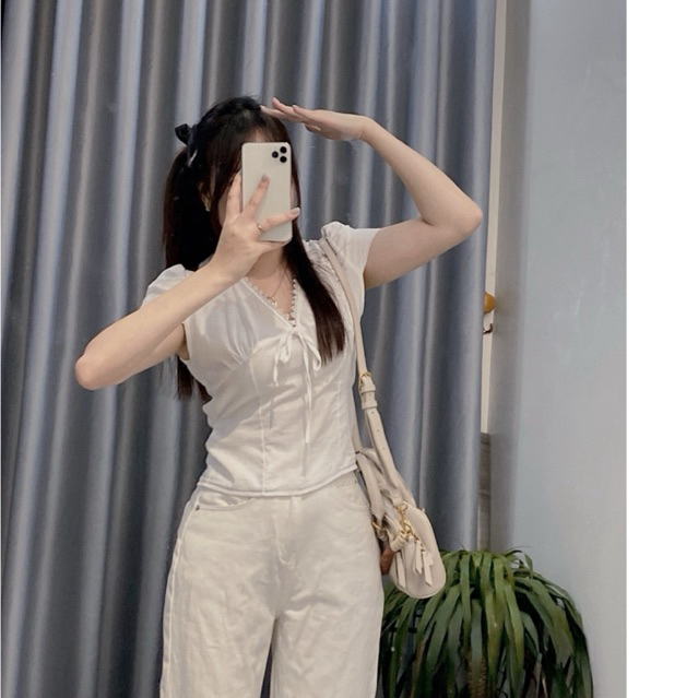 áo sơ mi nữ cổ vuông Thanhhuyen clothings2 chất liệu mềm thắt nơ