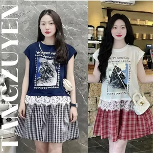 Đầm nữ form rộng Váy đuôi cá dáng ngắn tay hến phối ren chân kẻ caro vintage trẻ trung suông bigsize đi chơi T1342G