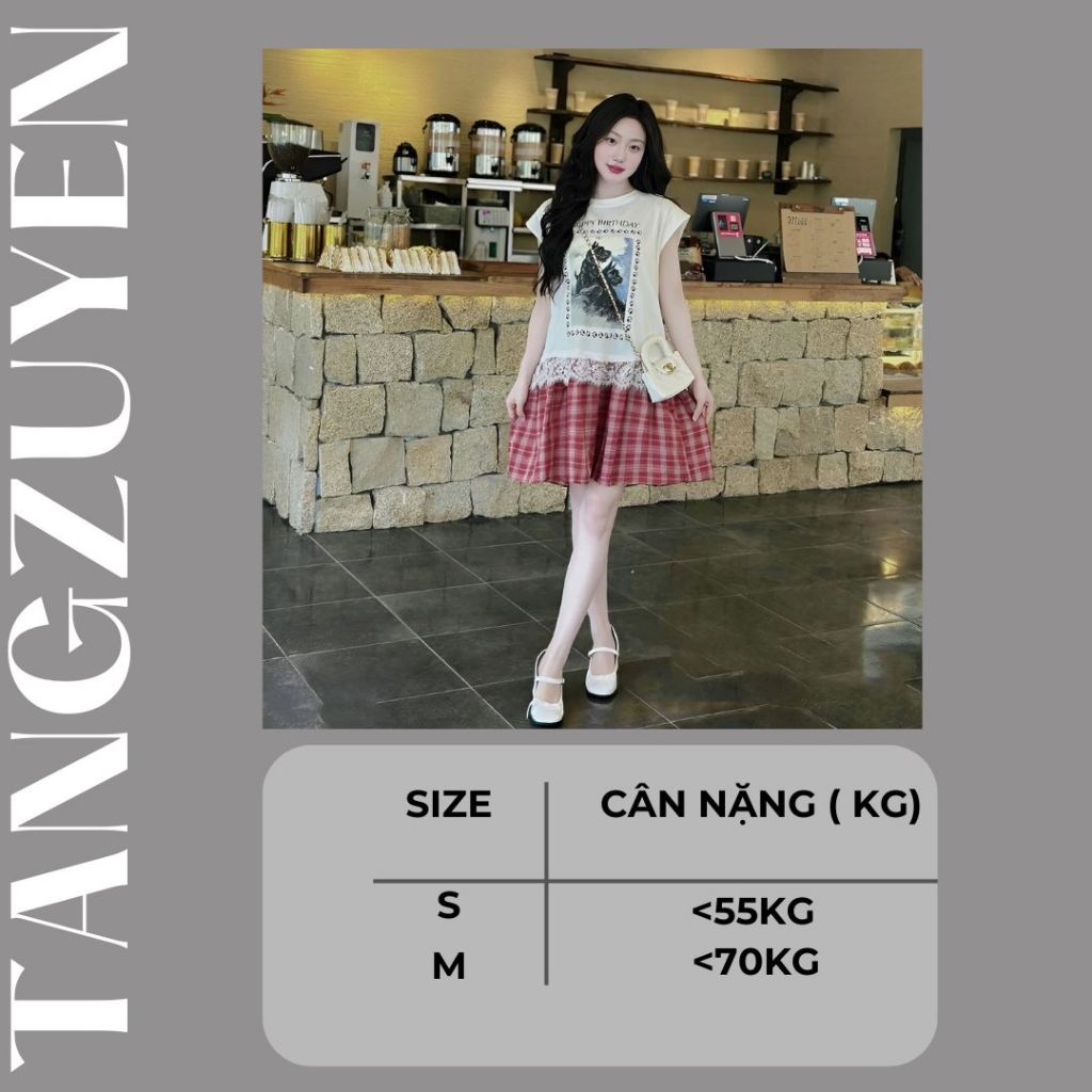 Đầm nữ form rộng Váy đuôi cá dáng ngắn tay hến phối ren chân kẻ caro vintage trẻ trung  suông bigsize đi chơi T1342G