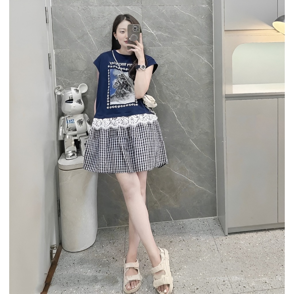 Đầm nữ form rộng Váy đuôi cá dáng ngắn tay hến phối ren chân kẻ caro vintage trẻ trung  suông bigsize đi chơi T1342G