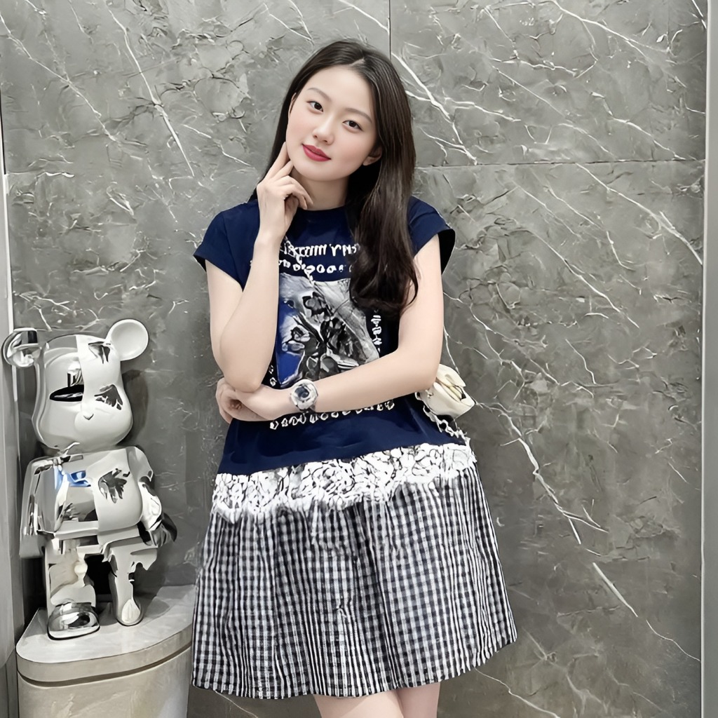 Đầm nữ form rộng Váy đuôi cá dáng ngắn tay hến phối ren chân kẻ caro vintage trẻ trung  suông bigsize đi chơi T1342G