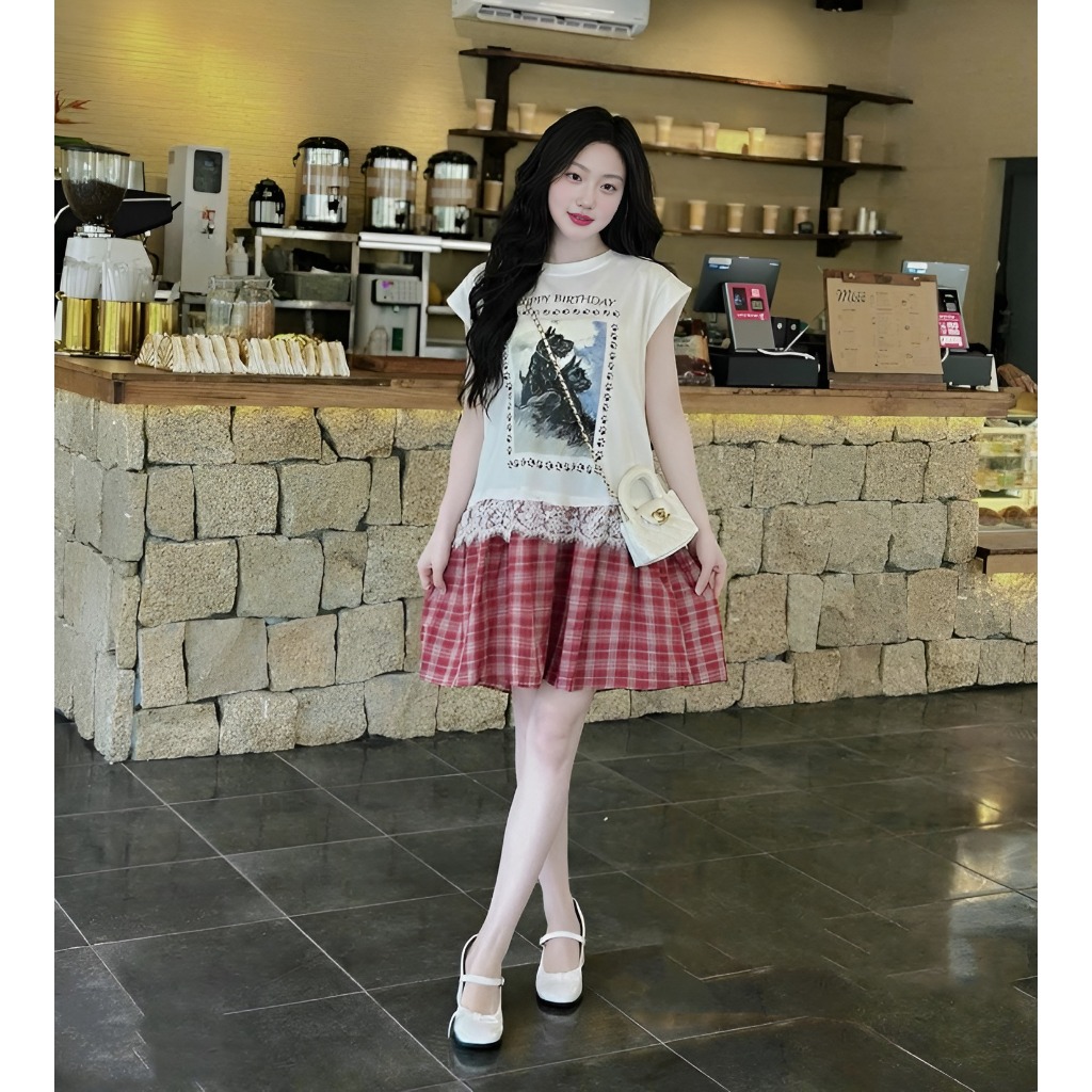 Đầm nữ form rộng Váy đuôi cá dáng ngắn tay hến phối ren chân kẻ caro vintage trẻ trung  suông bigsize đi chơi T1342G