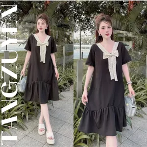 Đầm cộc tay Váy babydoll đuôi cá cổ V phối nơ ren sang trọng form rộng tiểu thư bigsize bầu dễ thương cute xòe T1331G