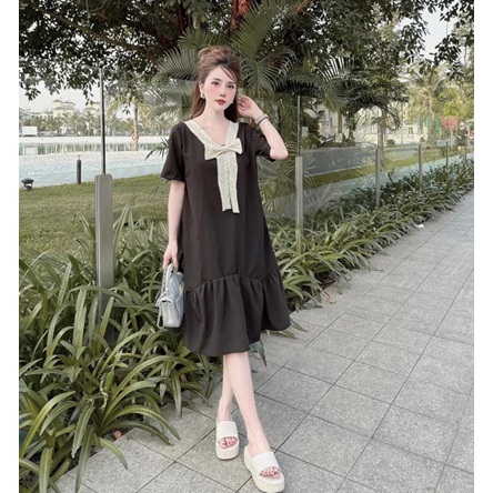 Đầm cộc tay Váy babydoll đuôi cá cổ V phối nơ ren sang trọng form rộng tiểu thư bigsize bầu dễ thương cute xòe T1331G