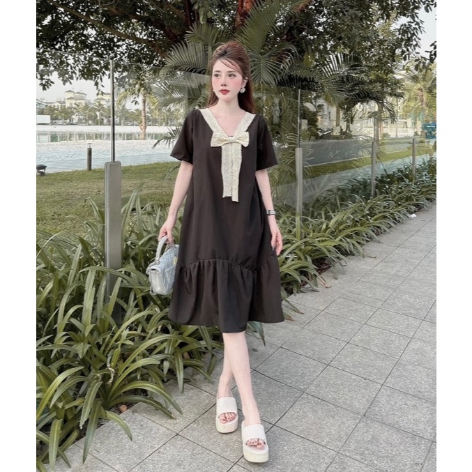 Đầm cộc tay Váy babydoll đuôi cá cổ V phối nơ ren sang trọng form rộng tiểu thư bigsize bầu dễ thương cute xòe T1331G