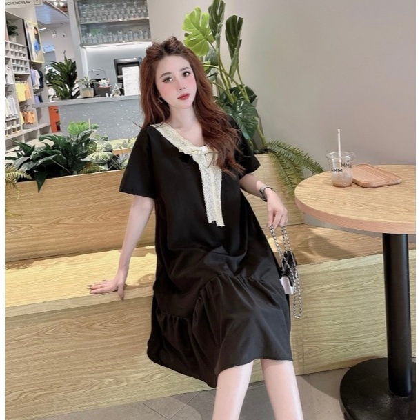 Đầm cộc tay Váy babydoll đuôi cá cổ V phối nơ ren sang trọng form rộng tiểu thư bigsize bầu dễ thương cute xòe T1331G