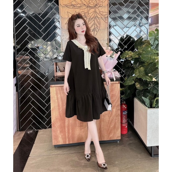 Đầm cộc tay Váy babydoll đuôi cá cổ V phối nơ ren sang trọng form rộng tiểu thư bigsize bầu dễ thương cute xòe T1331G