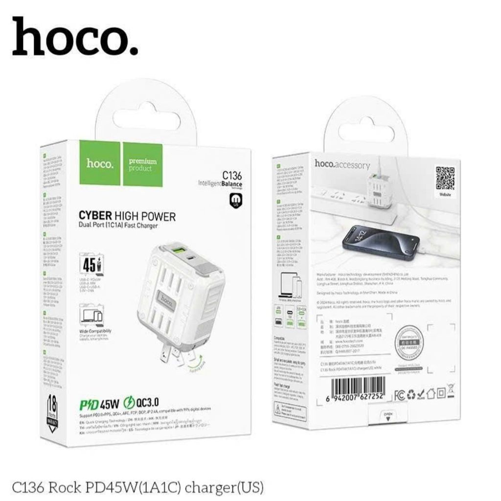 Củ sạc nhanh hoco C136 45w ,2 cổng sạc nhanh.