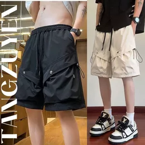 Quần sooc unisex dây rút Quần short nam nữ ống rộng kaki mềm túi hộp nắp chéo cách điệu đen be cá tính ngố đùi T1339G