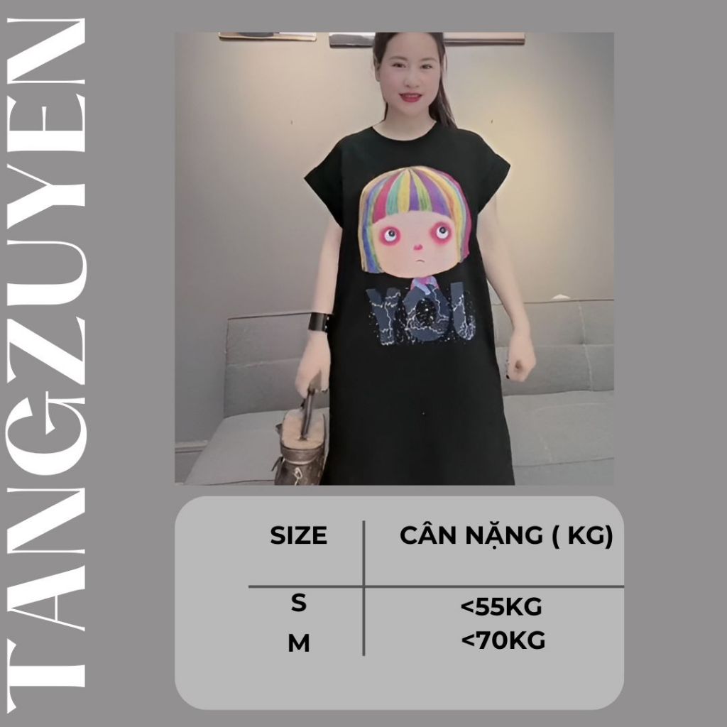 Đầm nữ form rộng Váy suông thun cotton dáng dài xẻ tà không cổ cộc tay họa tiết chibi cô gái JOY bigsize bầu cute T1328G