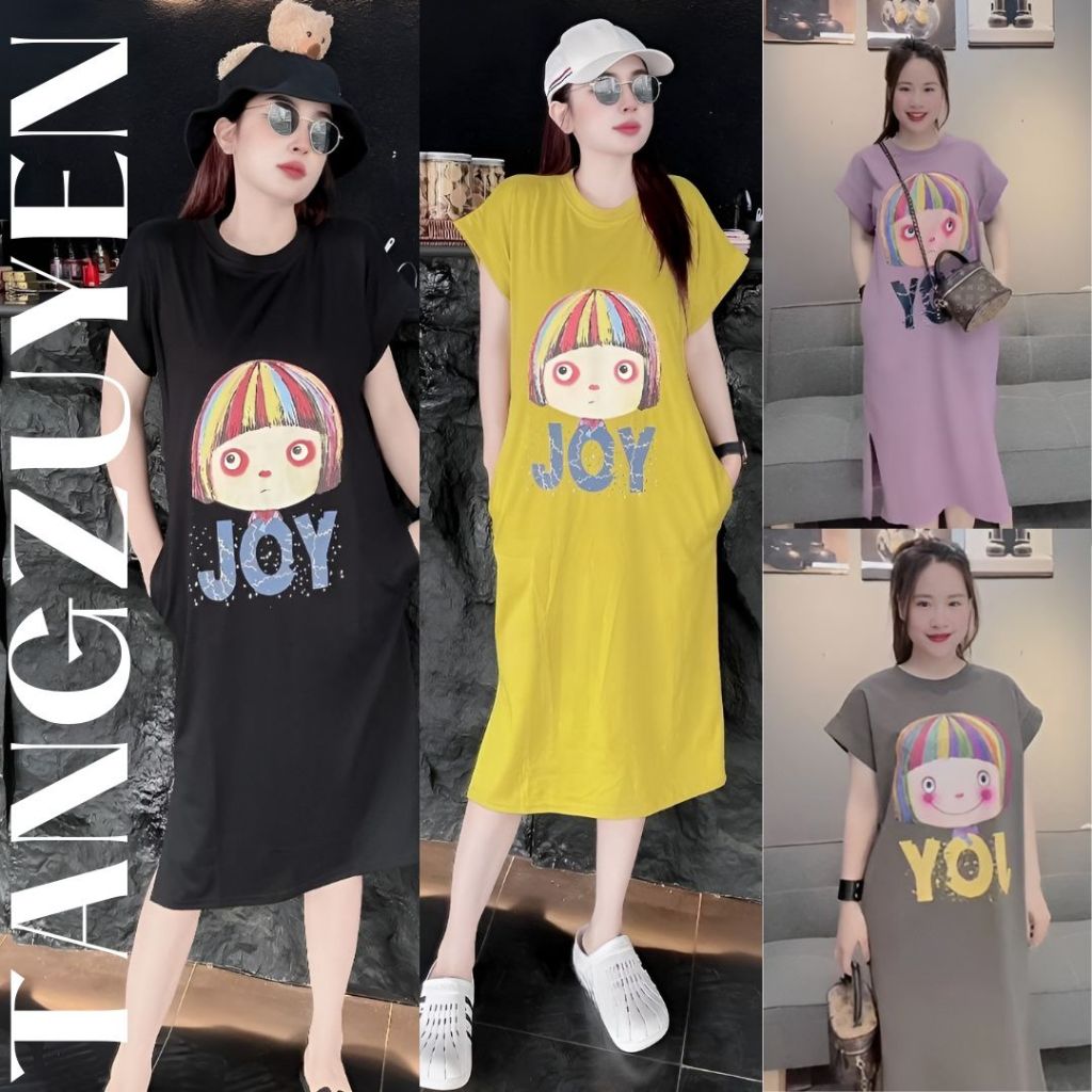 Đầm nữ form rộng Váy suông thun cotton dáng dài xẻ tà không cổ cộc tay họa tiết chibi cô gái JOY bigsize bầu cute T1328G